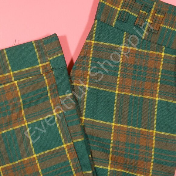 Vintage Pants - Vintage 1970s Polycotton High Rise Wide Leg Pants in Green Plaid Size 28…